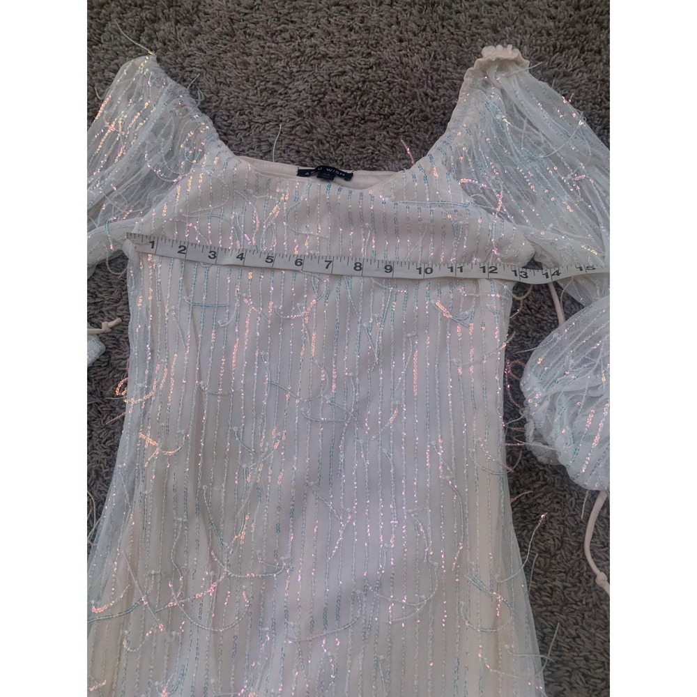 As U Wish Ivory Sequin Fringe Mini Dress Square Neck Puff Sleeve XS A66869E07 - Picture 2 of 7